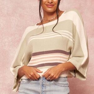 Promesa Borderline Striped Rib Knit Cropped Sweater Sage and Cream Size S